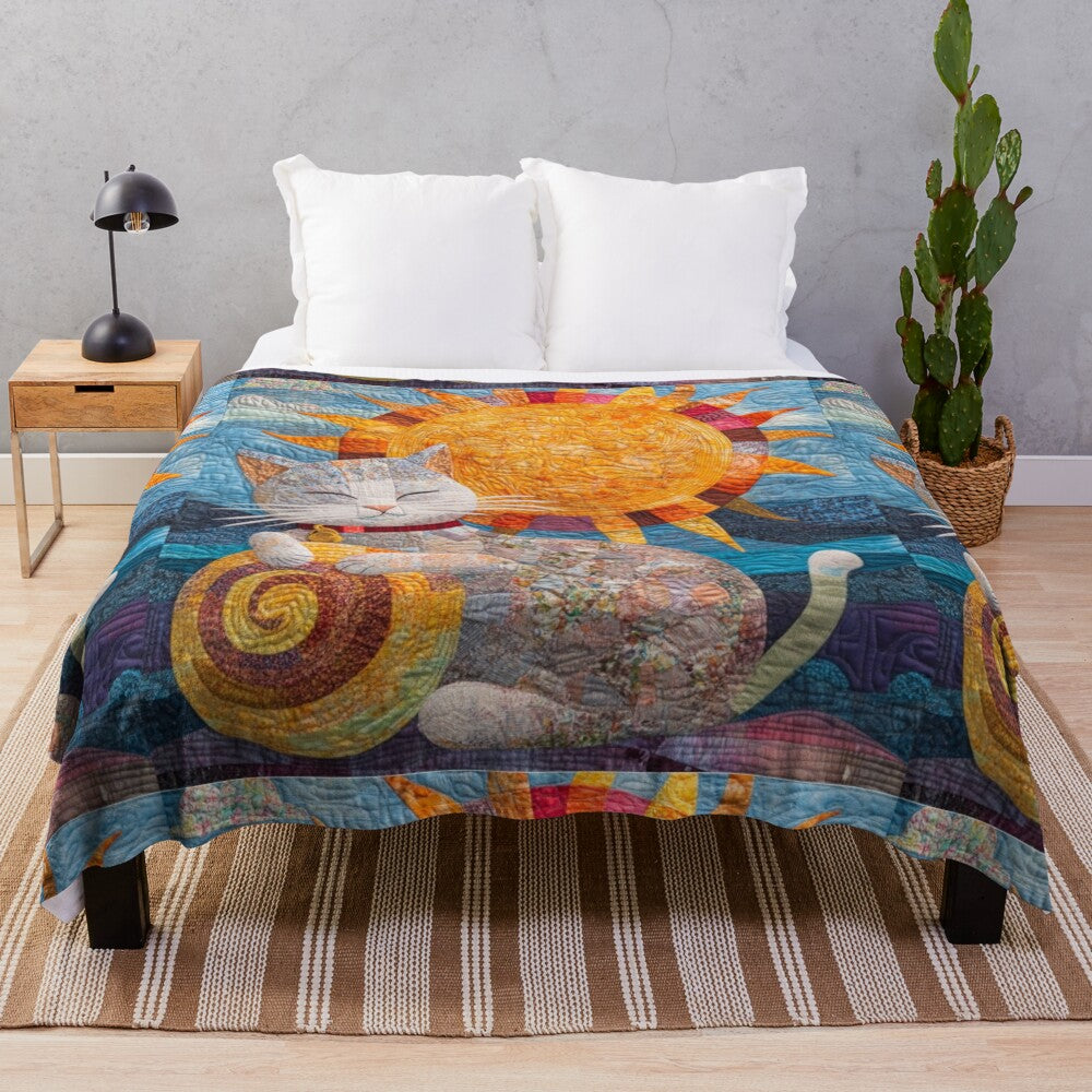 Soft and colorful plush blanket with a whimsical feline sunshine pattern