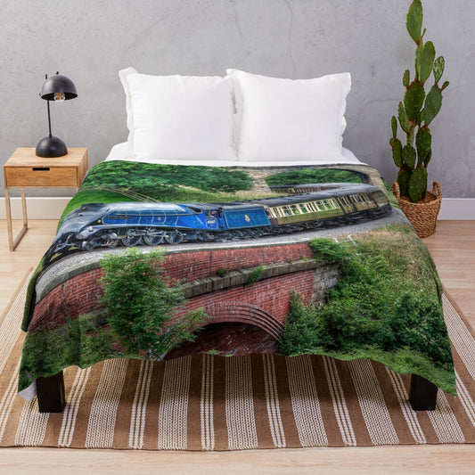 Vintage steam locomotive-themed plush blanket featuring Sir Nigel Gresley design