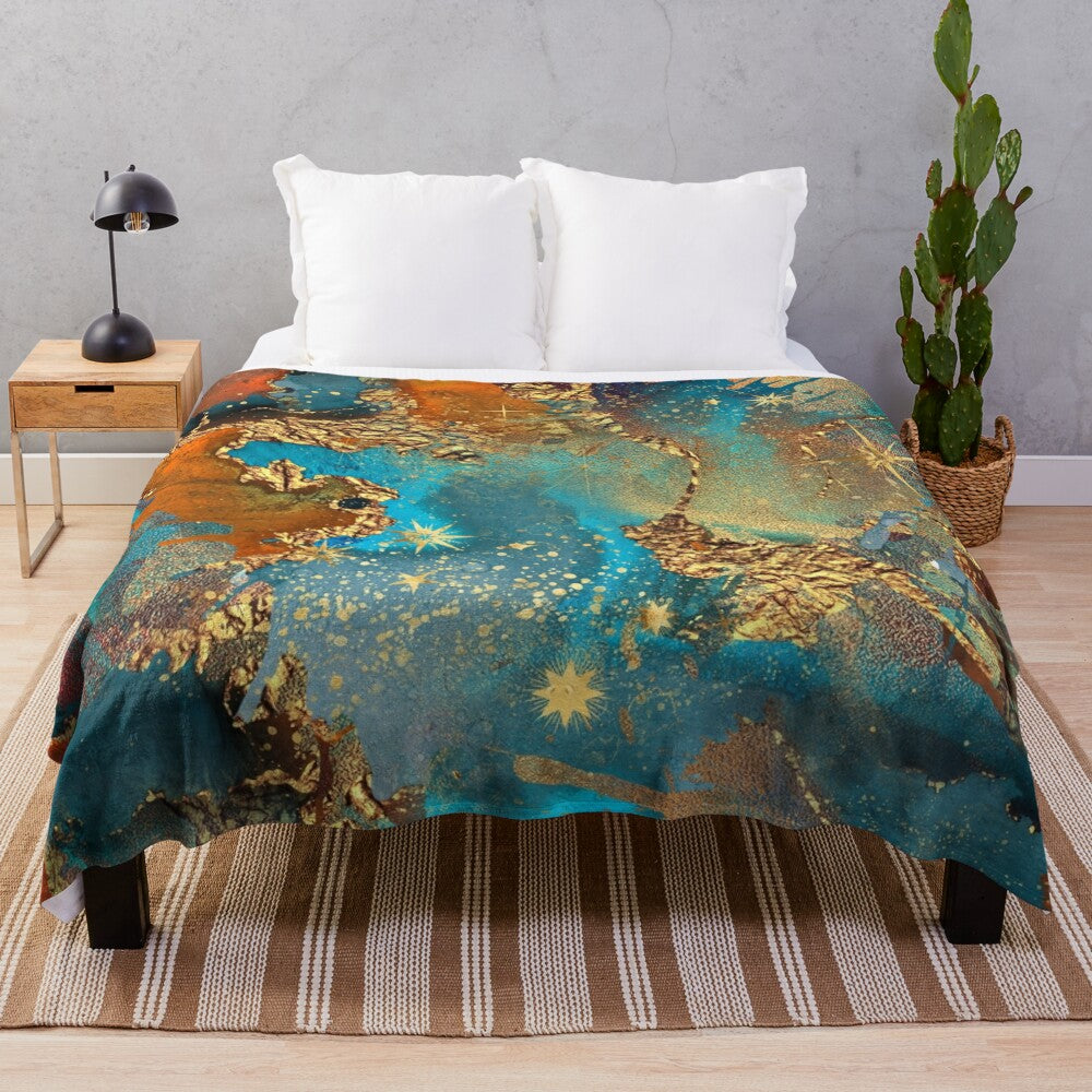 Vibrant abstract stardust plush blanket with a celestial galaxy design