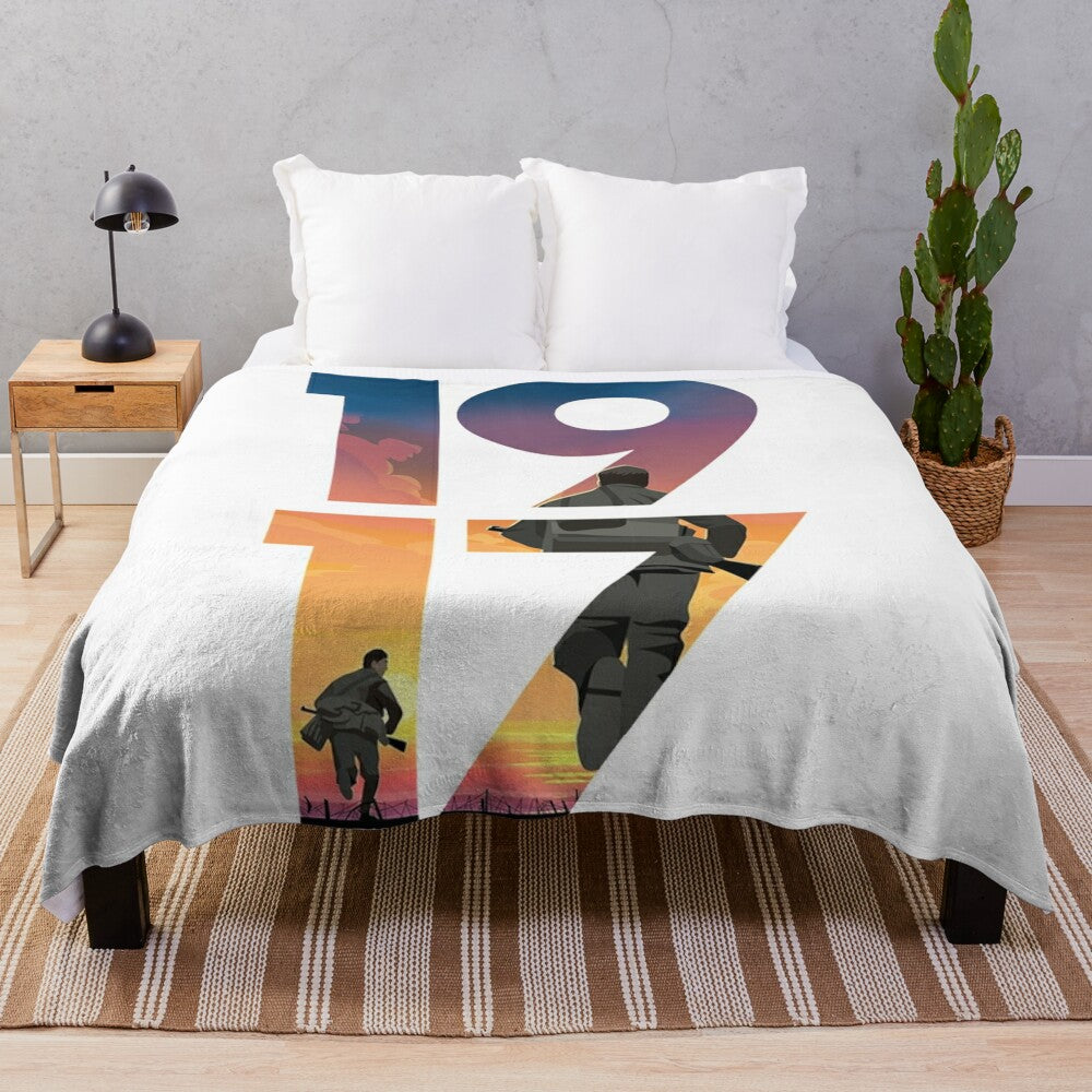 1917 inspired plush blanket with retro cinema and soldier design