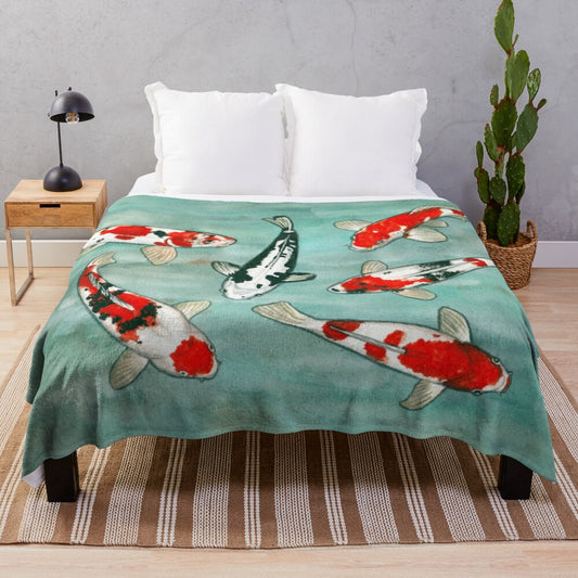 Watercolor koi fish artwork on a plush blanket for cozy aquatic-inspired home decor