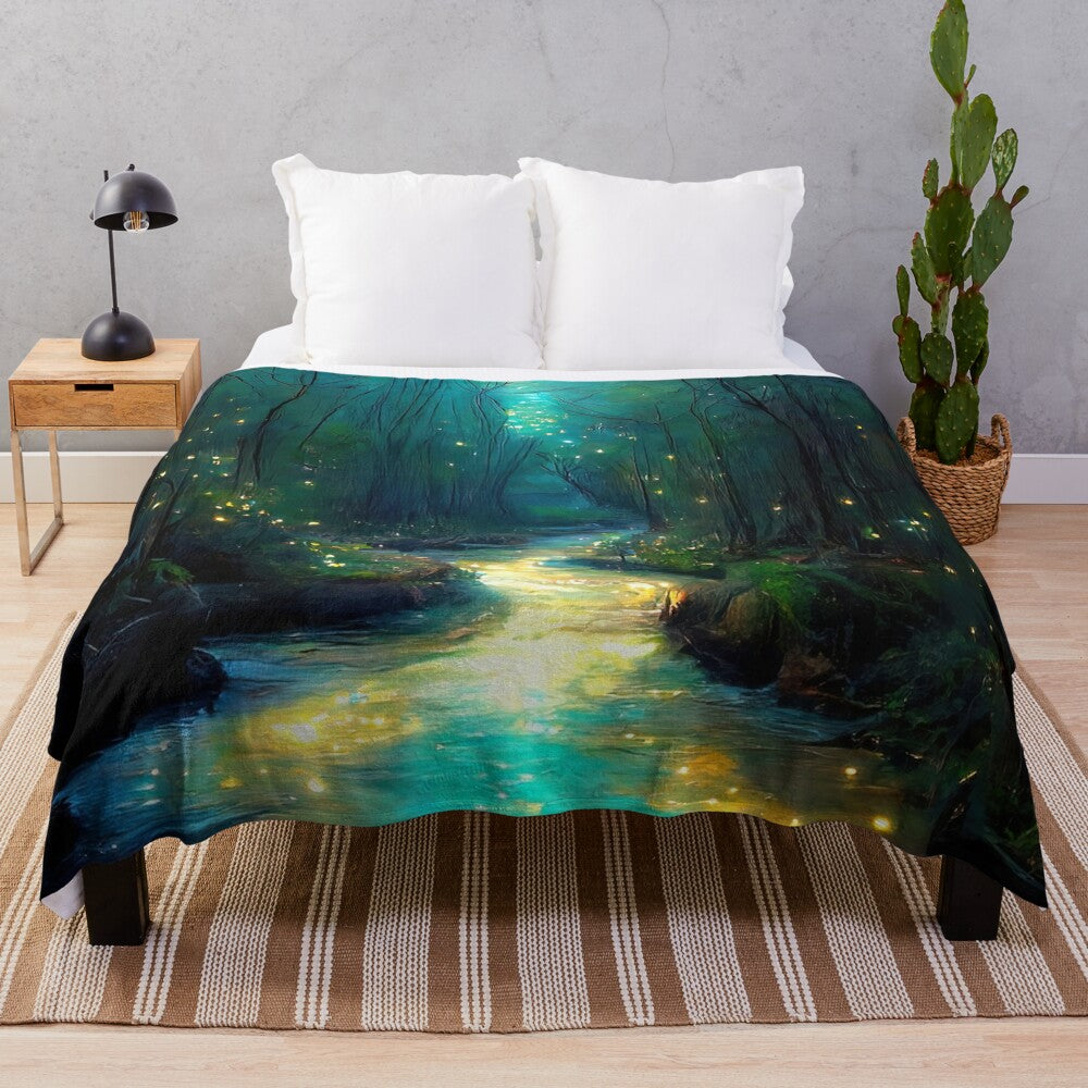 River of Light plush blanket featuring a magical, illuminated landscape scene