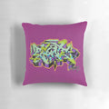 Urban graffiti-style throw pillow with bold, colorful spray paint design