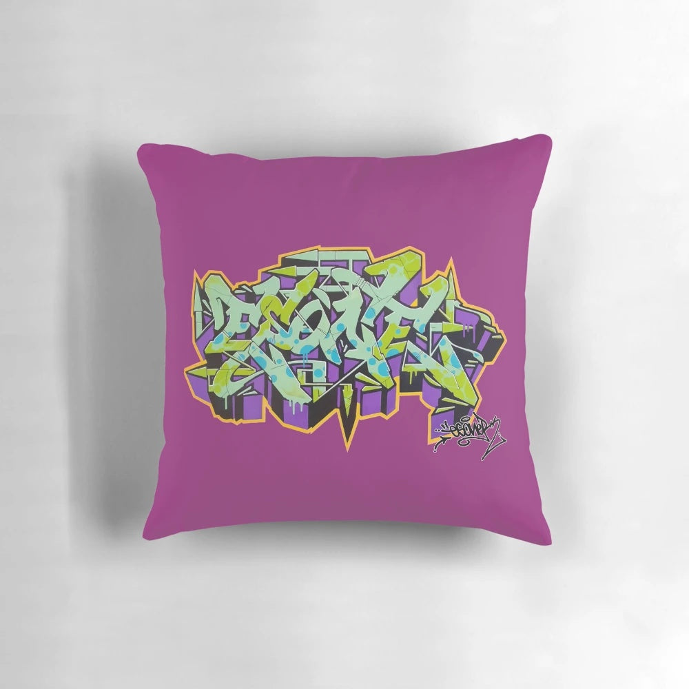 Urban graffiti-style throw pillow with bold, colorful spray paint design