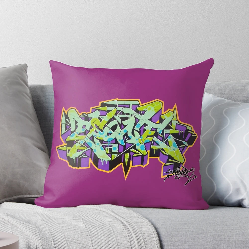 Urban graffiti-style throw pillow with bold, colorful spray paint design