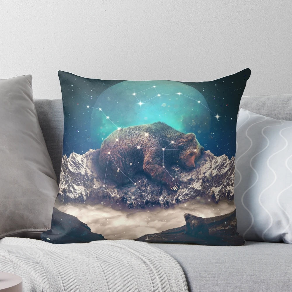 Ursa Major constellation pillow featuring a sleeping bear design against a starry night sky