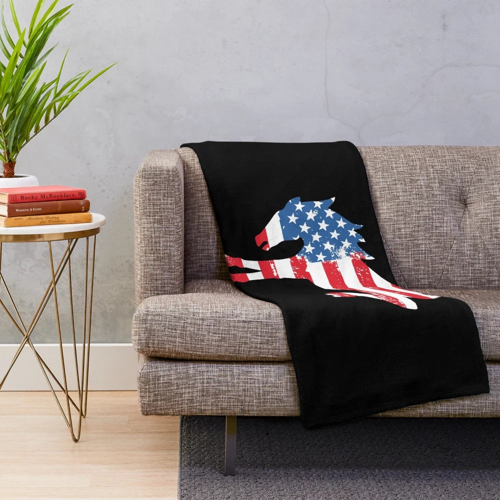 USA Flag Bronco Plush Blanket featuring the Ford Bronco SUV and American flag design
