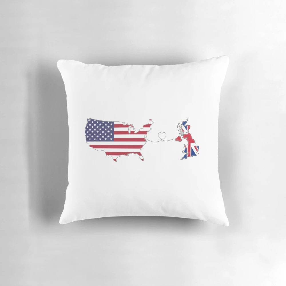 USA and UK Flags on a Plush Long Distance Love Pillow
