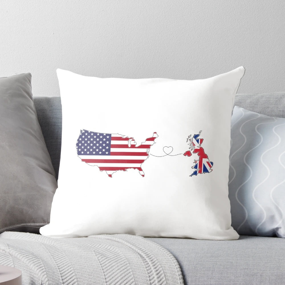 USA and UK Flags on a Plush Long Distance Love Pillow