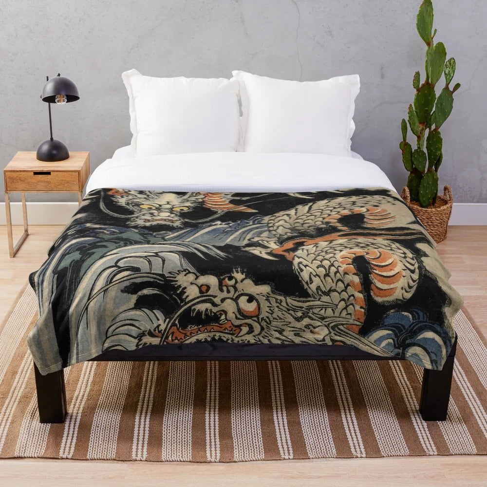 Utagawa Kuniyoshi inspired dragons plush blanket featuring mythical Japanese artwork