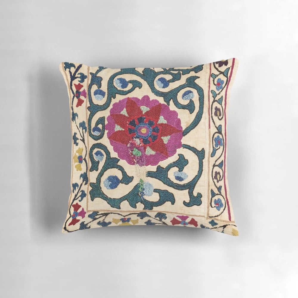 Uzbekistan floral embroidery suzani joynamoz pillow with vibrant colors and intricate patterns