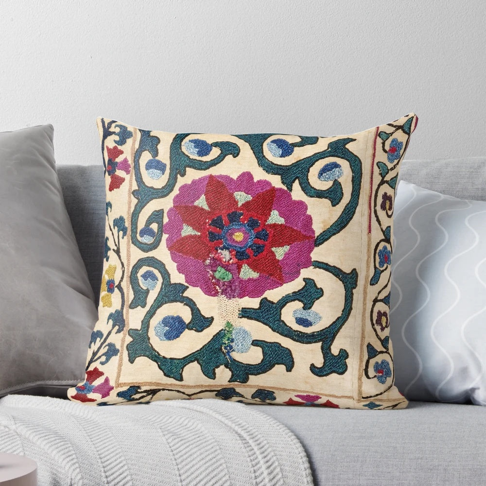 Uzbekistan floral embroidery suzani joynamoz pillow with vibrant colors and intricate patterns