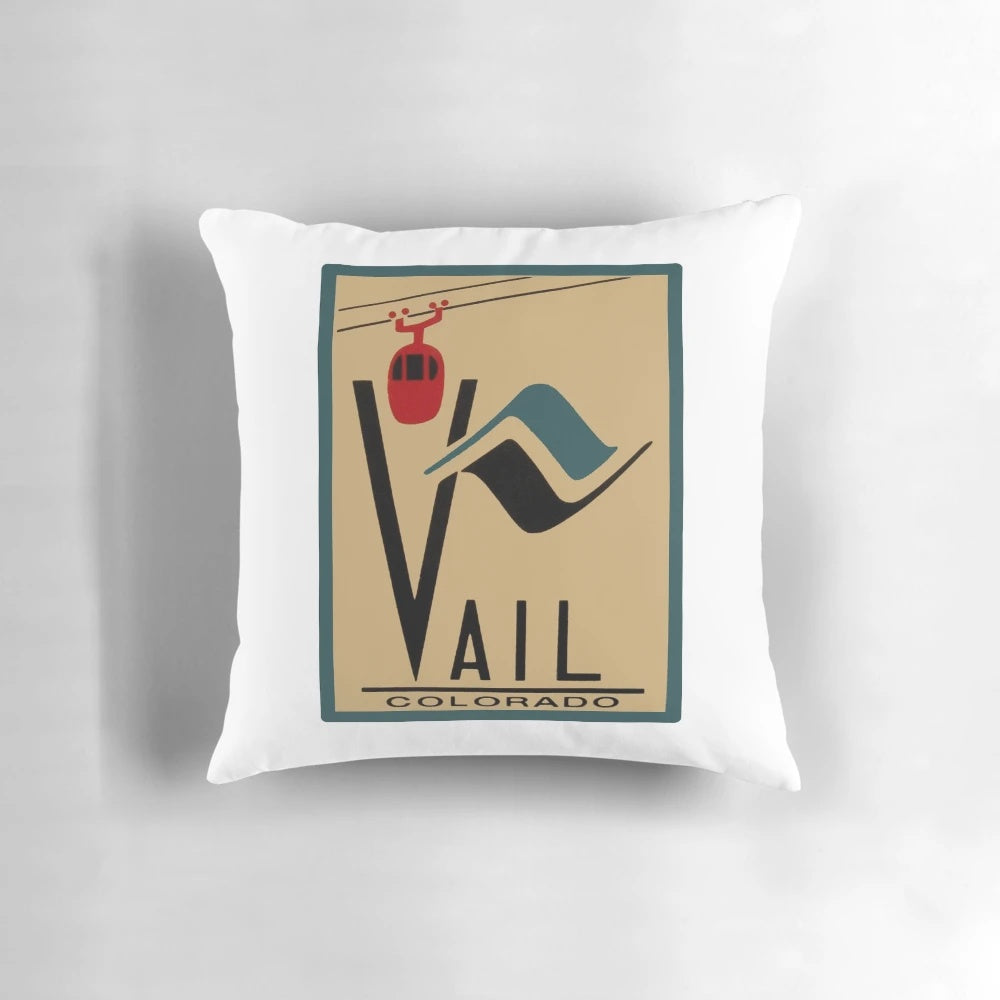 Vail Colorado Vintage Travel Decal Pillow featuring a retro-style design with the Vail, Colorado name and mountains