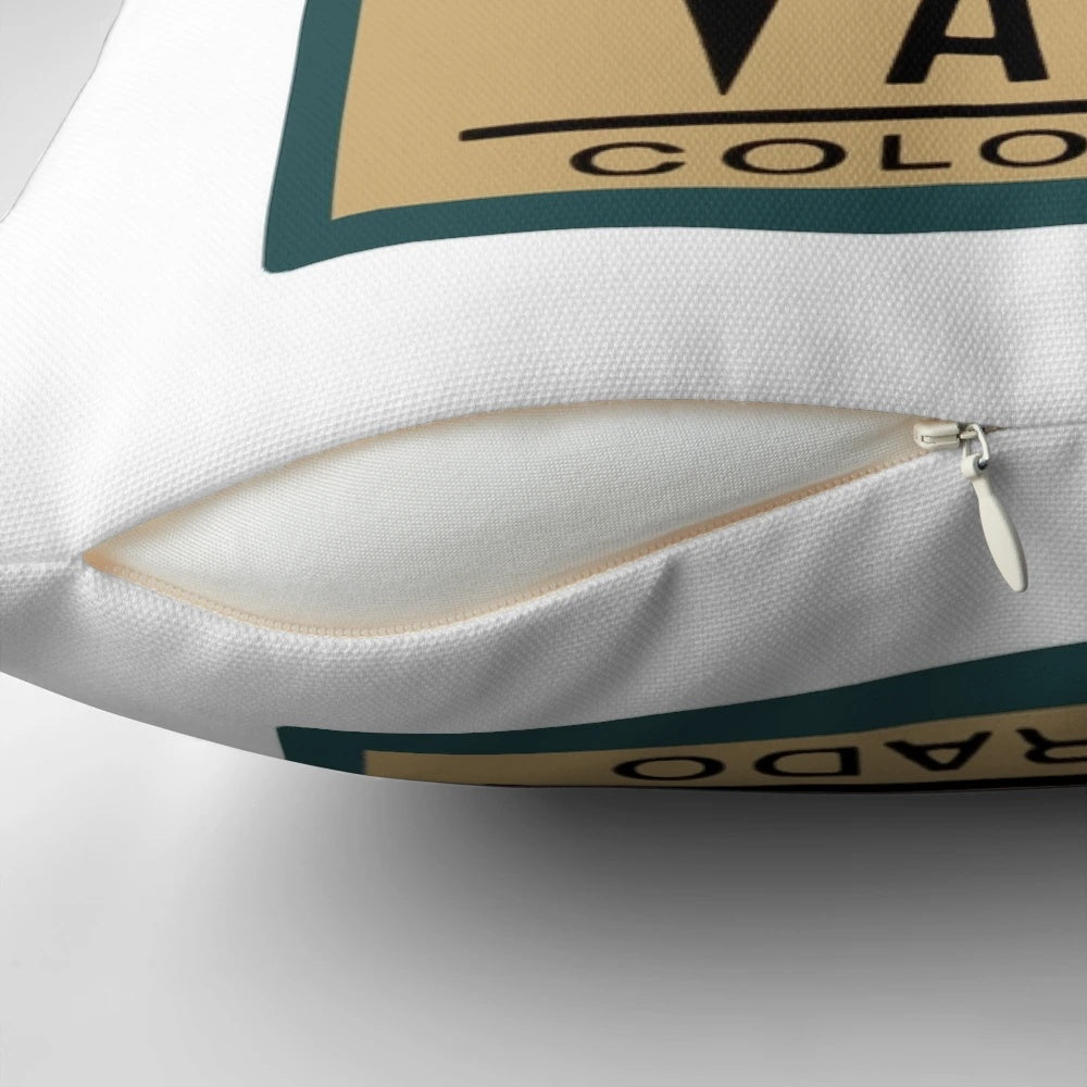 Vail Colorado Vintage Travel Decal Pillow featuring a retro-style design with the Vail, Colorado name and mountains