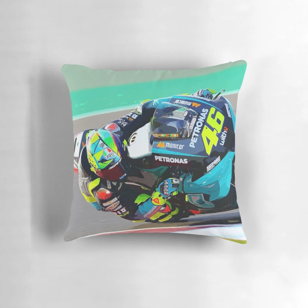 Watercolor illustration of Valentino Rossi racing his 2021 MotoGP motorcycle at the Qatar circuit.