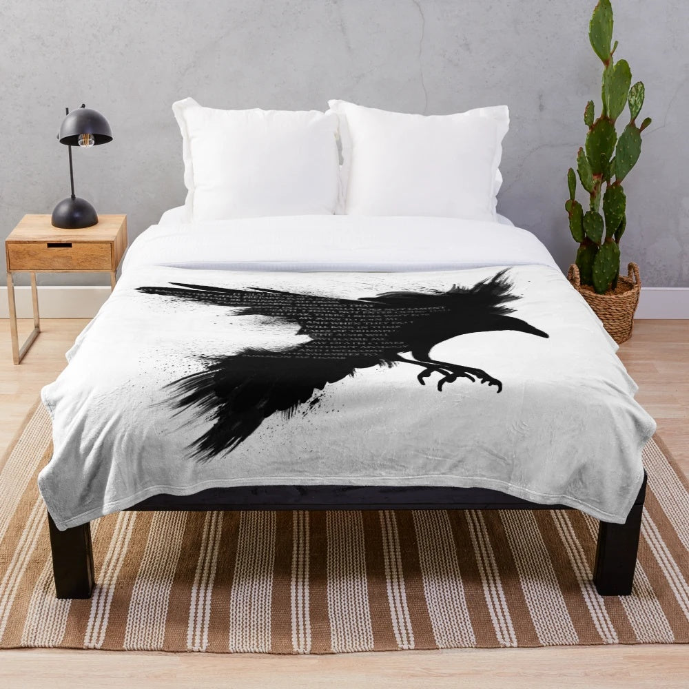Valkyrie-inspired plush blanket featuring a crow and raven design with a Norse typography quote