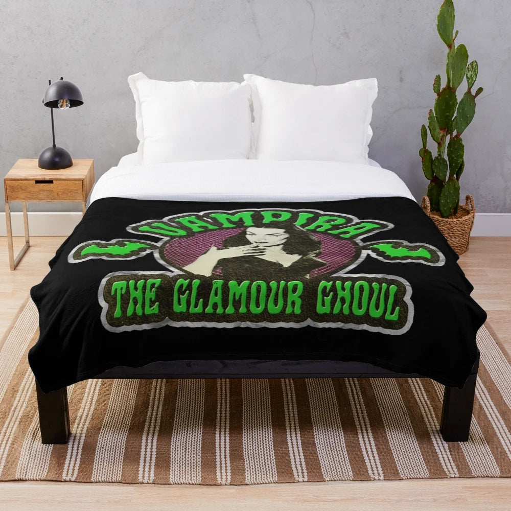 Vampira-inspired gothic horror plush blanket with distressed, vintage, and retro design