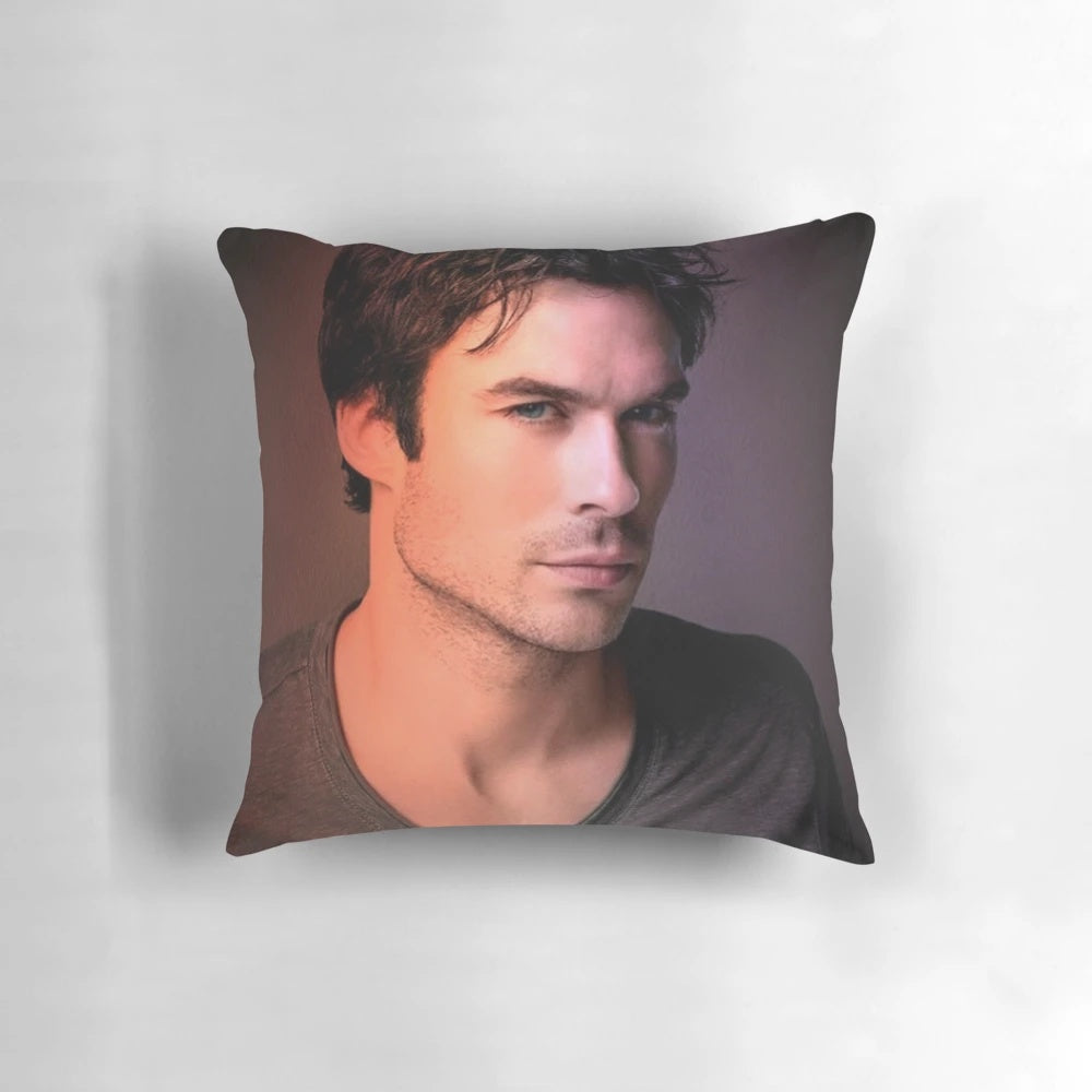 Soft, high-quality pillow featuring a portrait of Ian Somerhalder as Damon Salvatore from the TV series Vampire Diaries.