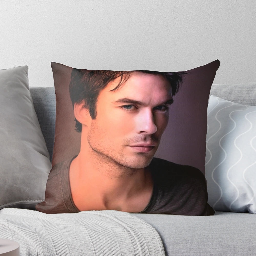 Soft, high-quality pillow featuring a portrait of Ian Somerhalder as Damon Salvatore from the TV series Vampire Diaries.