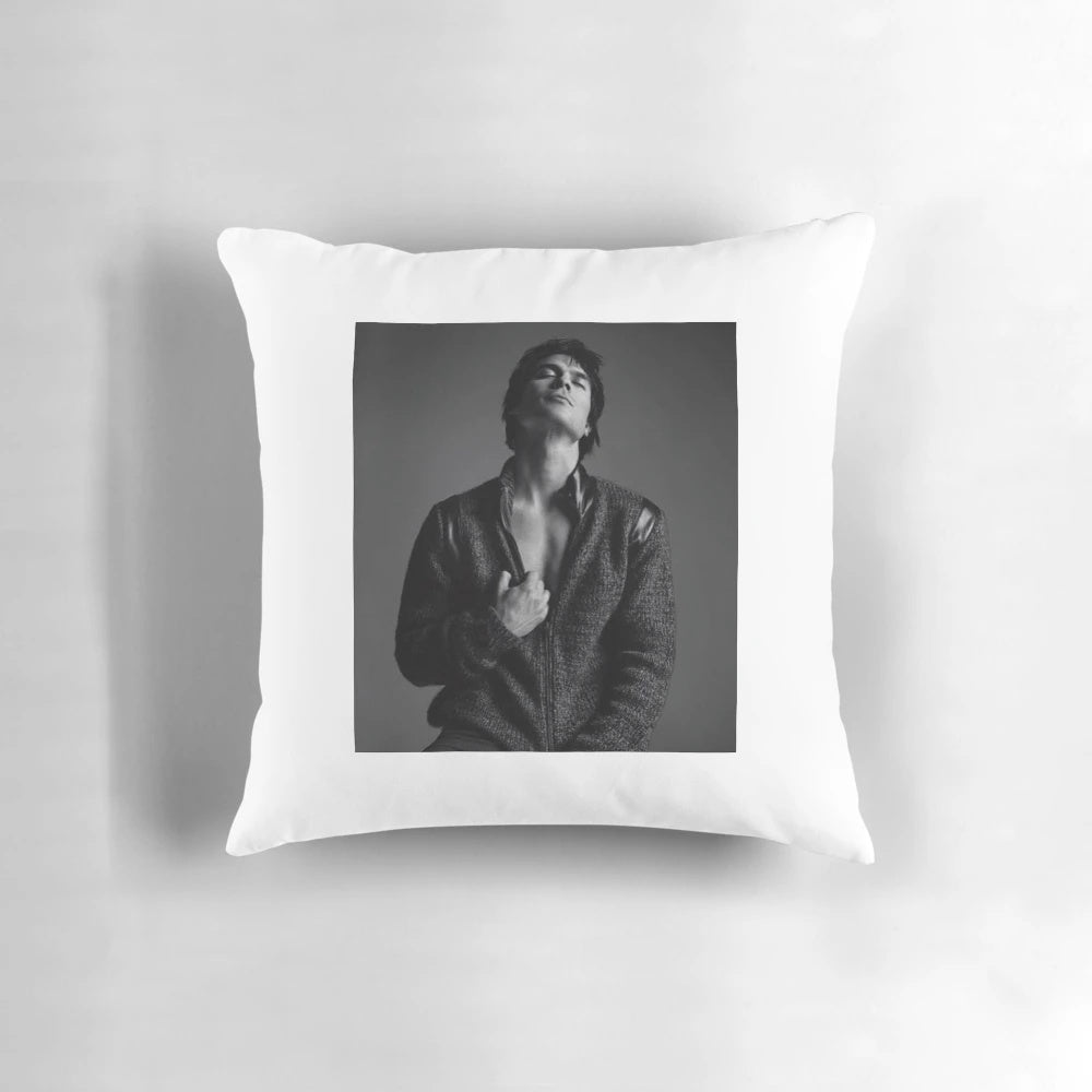 Plush pillow featuring a high-quality photograph of actor Ian Somerhalder as Damon Salvatore from the popular vampire drama series.