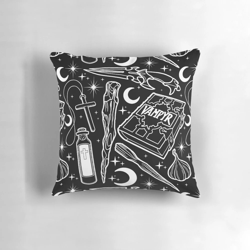 Buffy-themed decorative pillow featuring iconic weapons from the Vampire Slayer universe