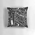 Buffy-themed decorative pillow featuring iconic weapons from the Vampire Slayer universe