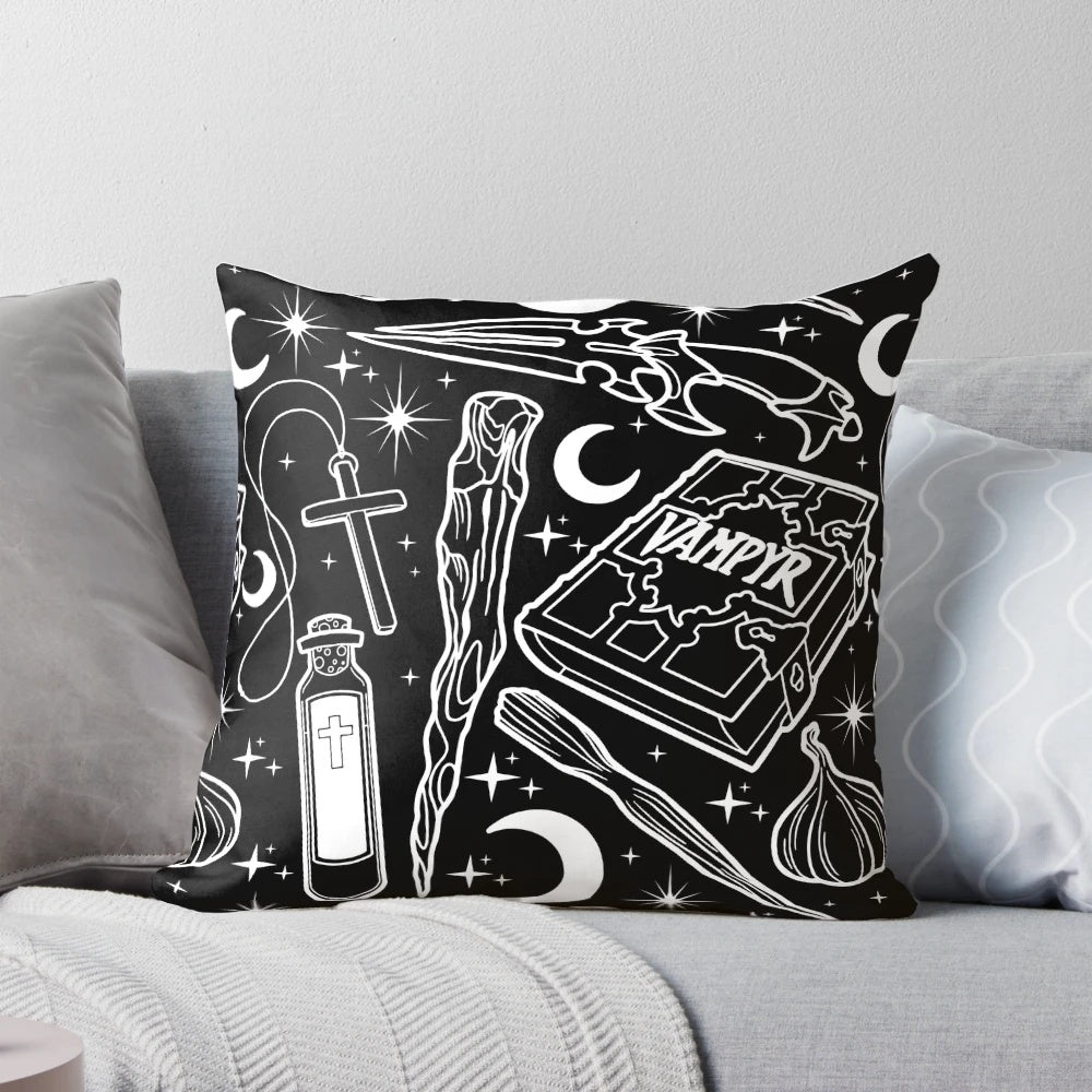 Buffy-themed decorative pillow featuring iconic weapons from the Vampire Slayer universe