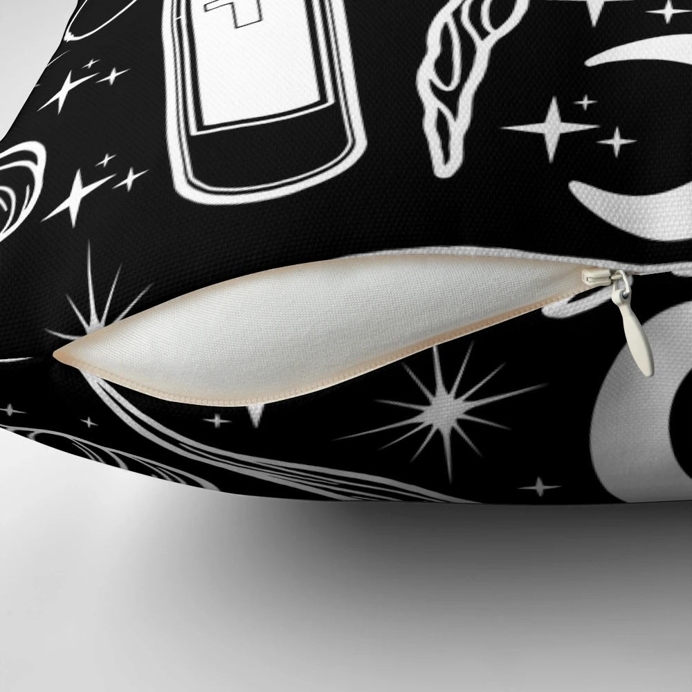 Buffy-themed decorative pillow featuring iconic weapons from the Vampire Slayer universe