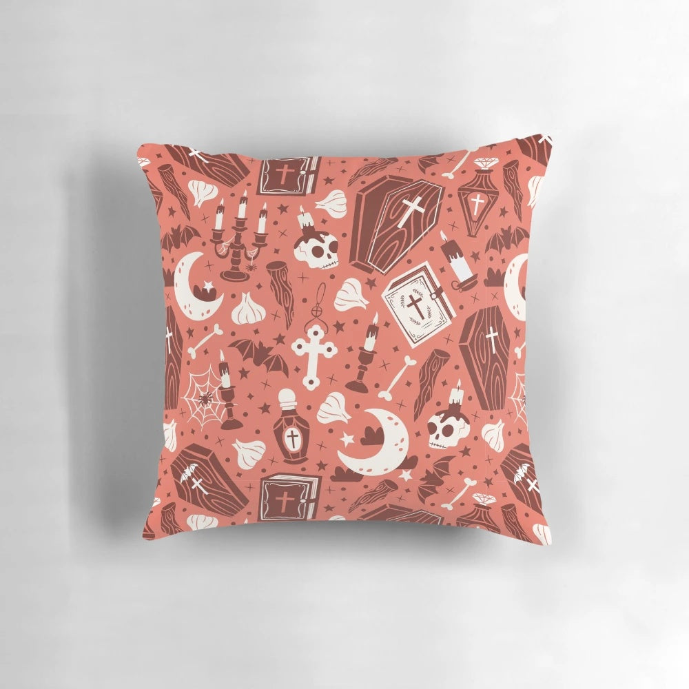 A dark and gothic vampire-themed pillow with bats, candles, and a full moon.