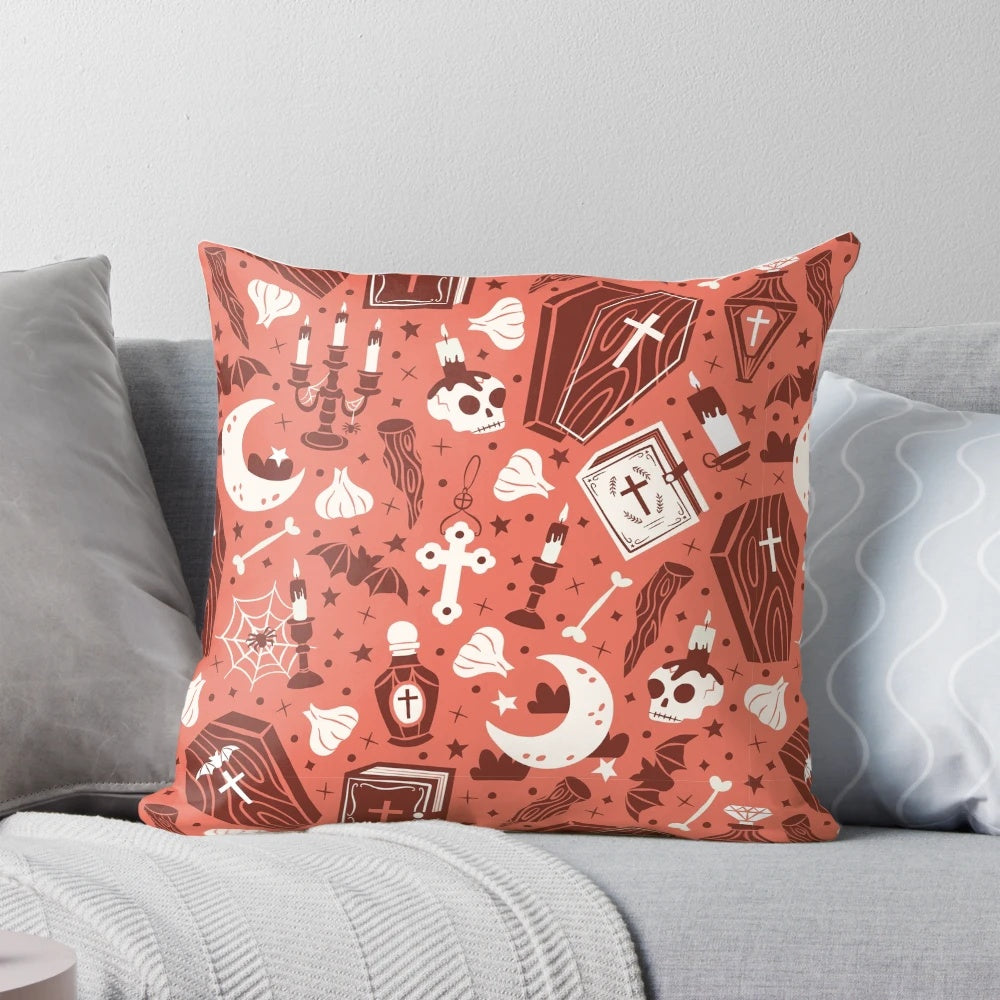 A dark and gothic vampire-themed pillow with bats, candles, and a full moon.