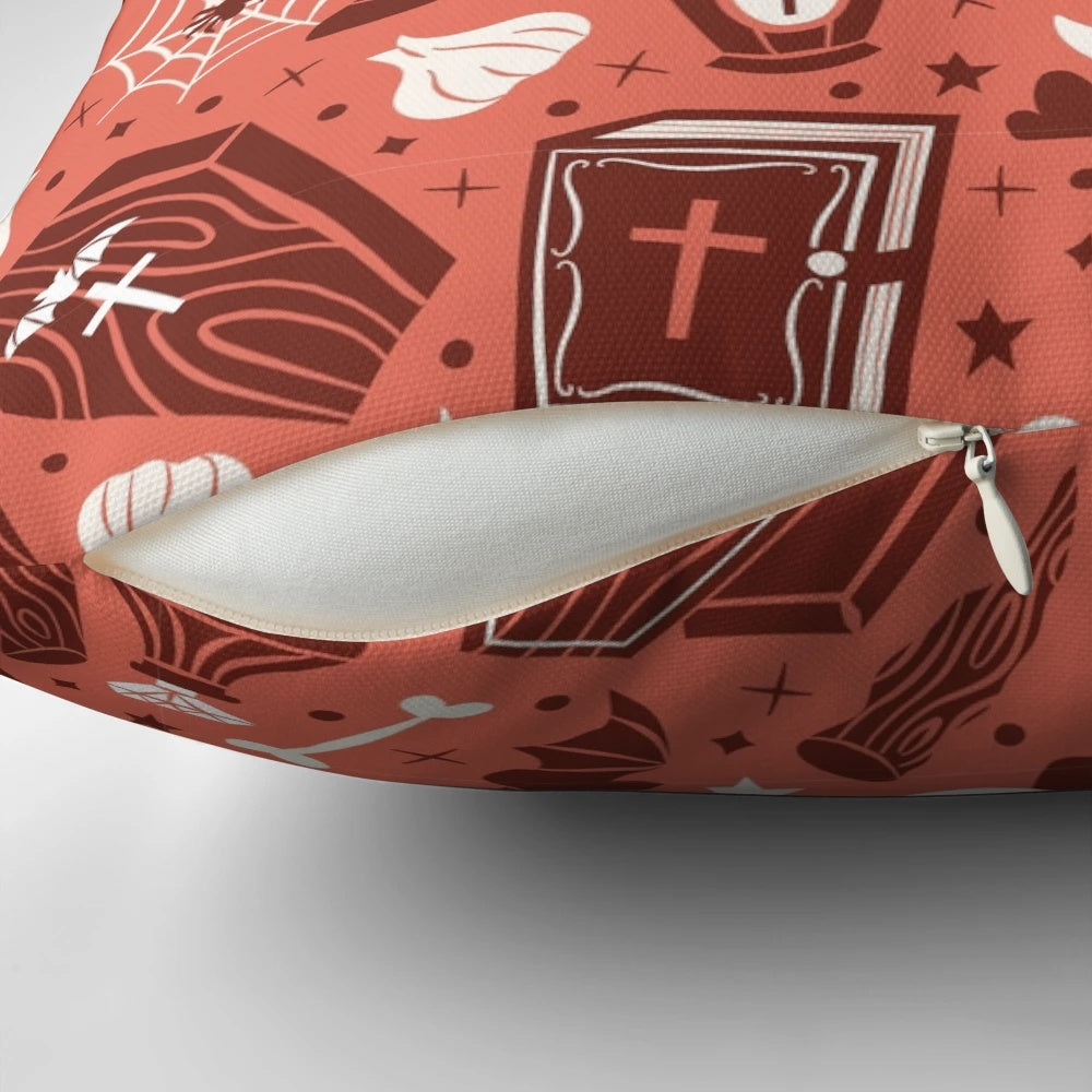 A dark and gothic vampire-themed pillow with bats, candles, and a full moon.
