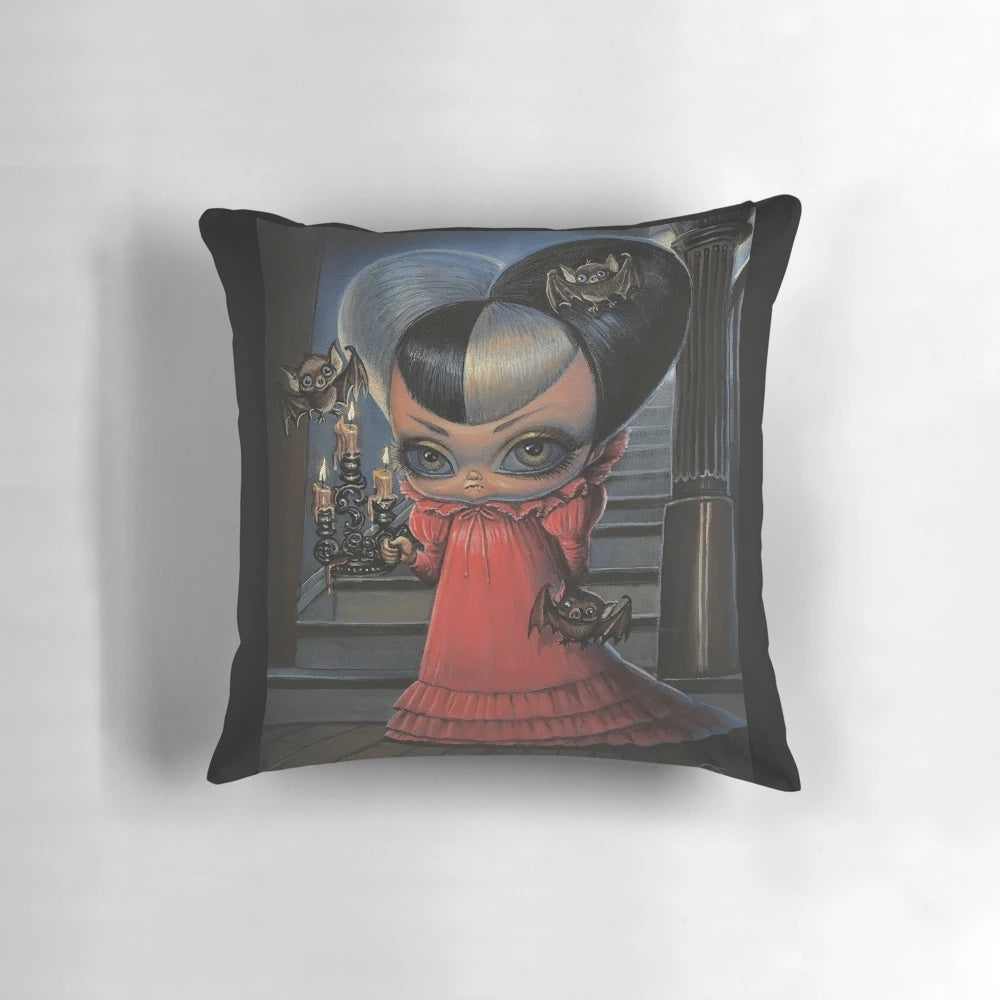 Vampireena Halloween throw pillow featuring a gothic, supernatural vampire girl design with bats.