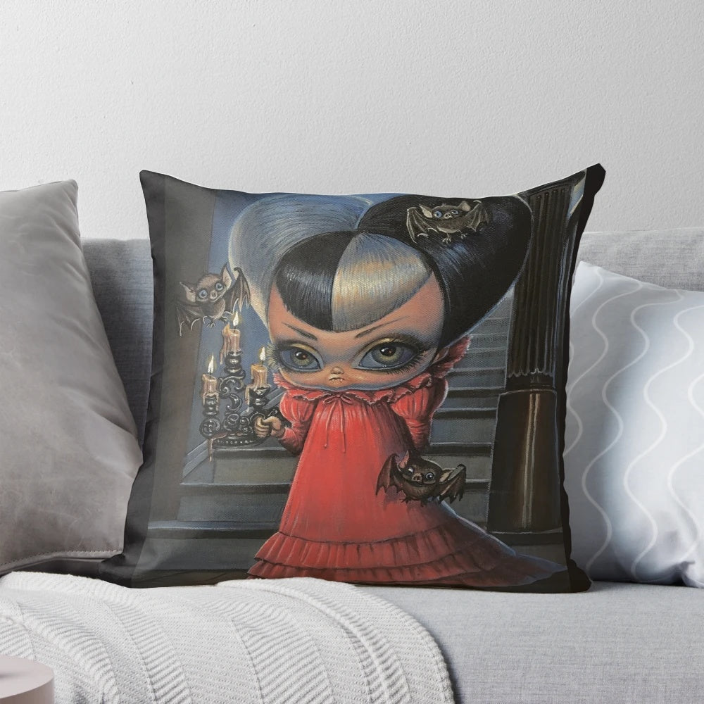 Vampireena Halloween throw pillow featuring a gothic, supernatural vampire girl design with bats.