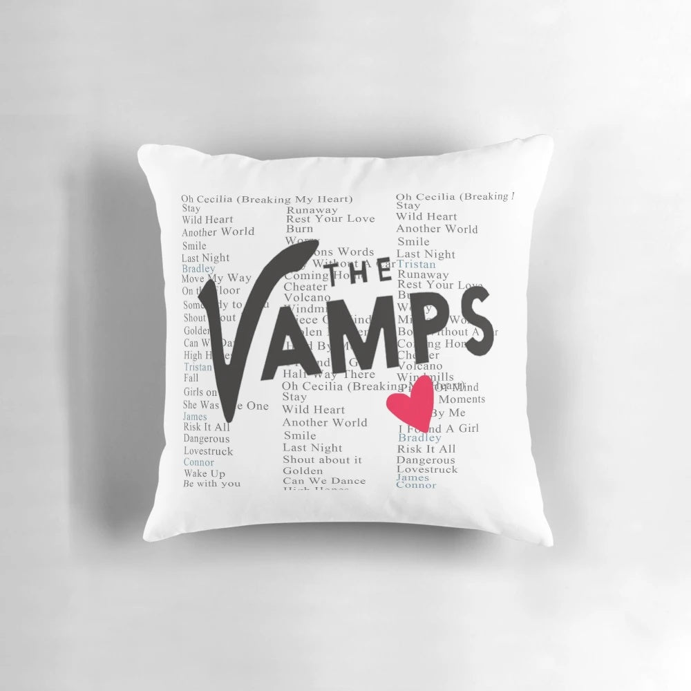 The Vamps band members on a plush pillow