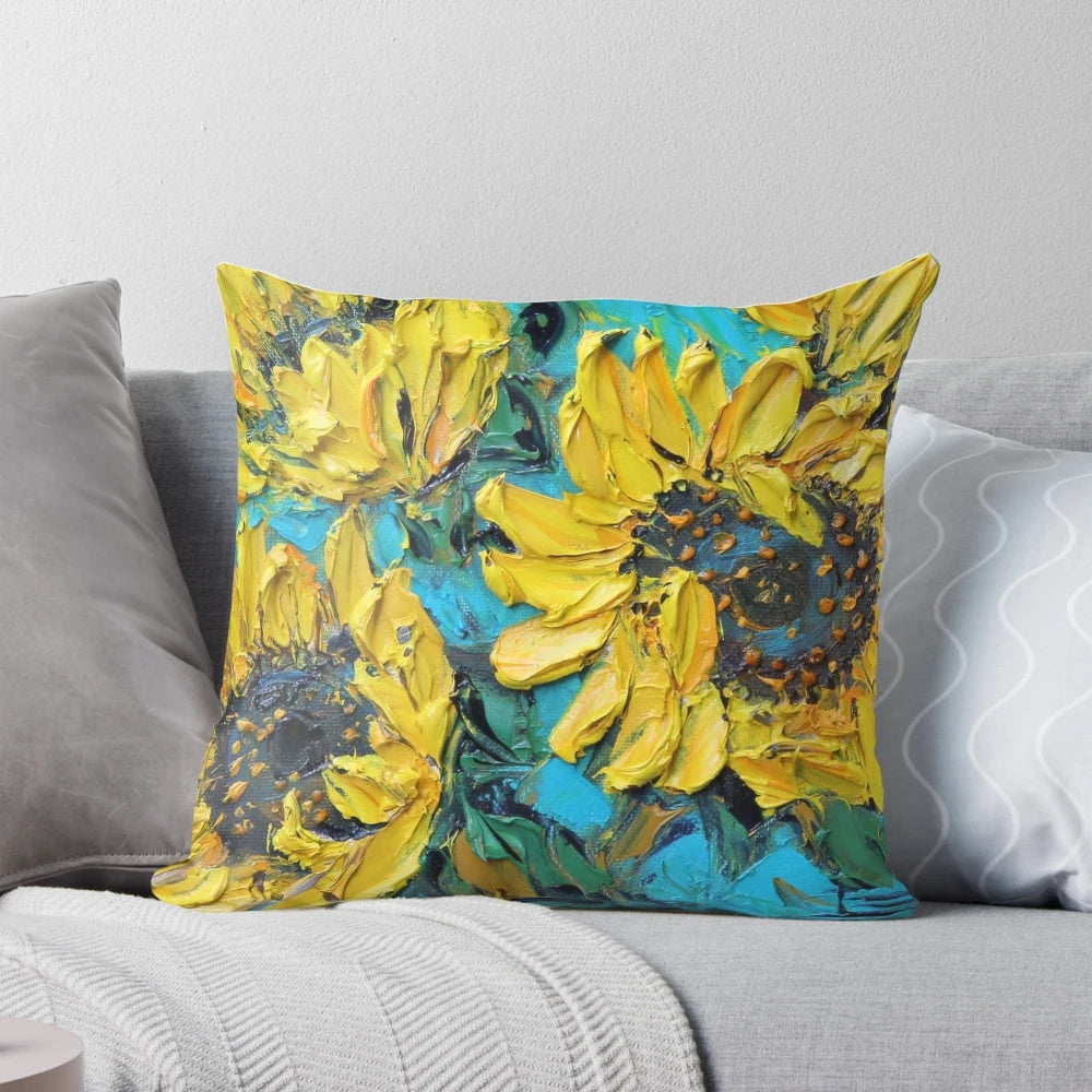 Vibrant throw pillow featuring a Van Gogh-inspired sunflower design in shades of yellow and turquoise.