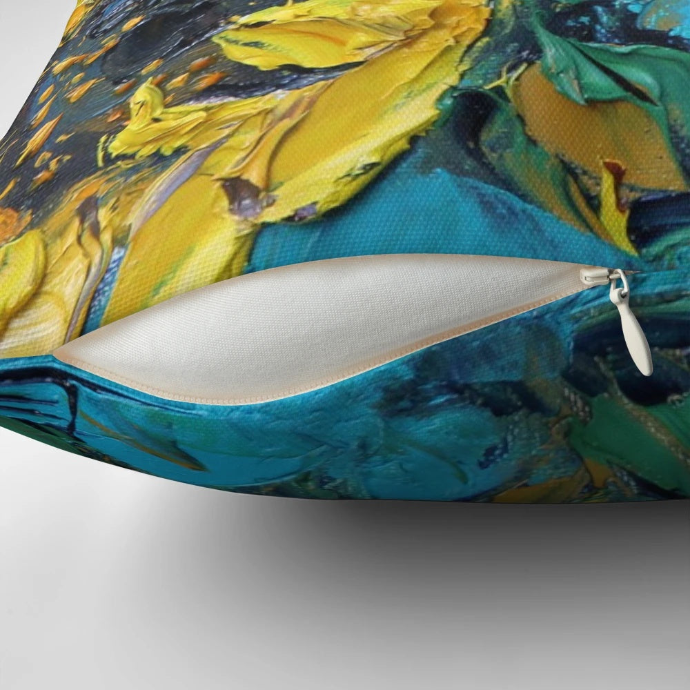 Vibrant throw pillow featuring a Van Gogh-inspired sunflower design in shades of yellow and turquoise.