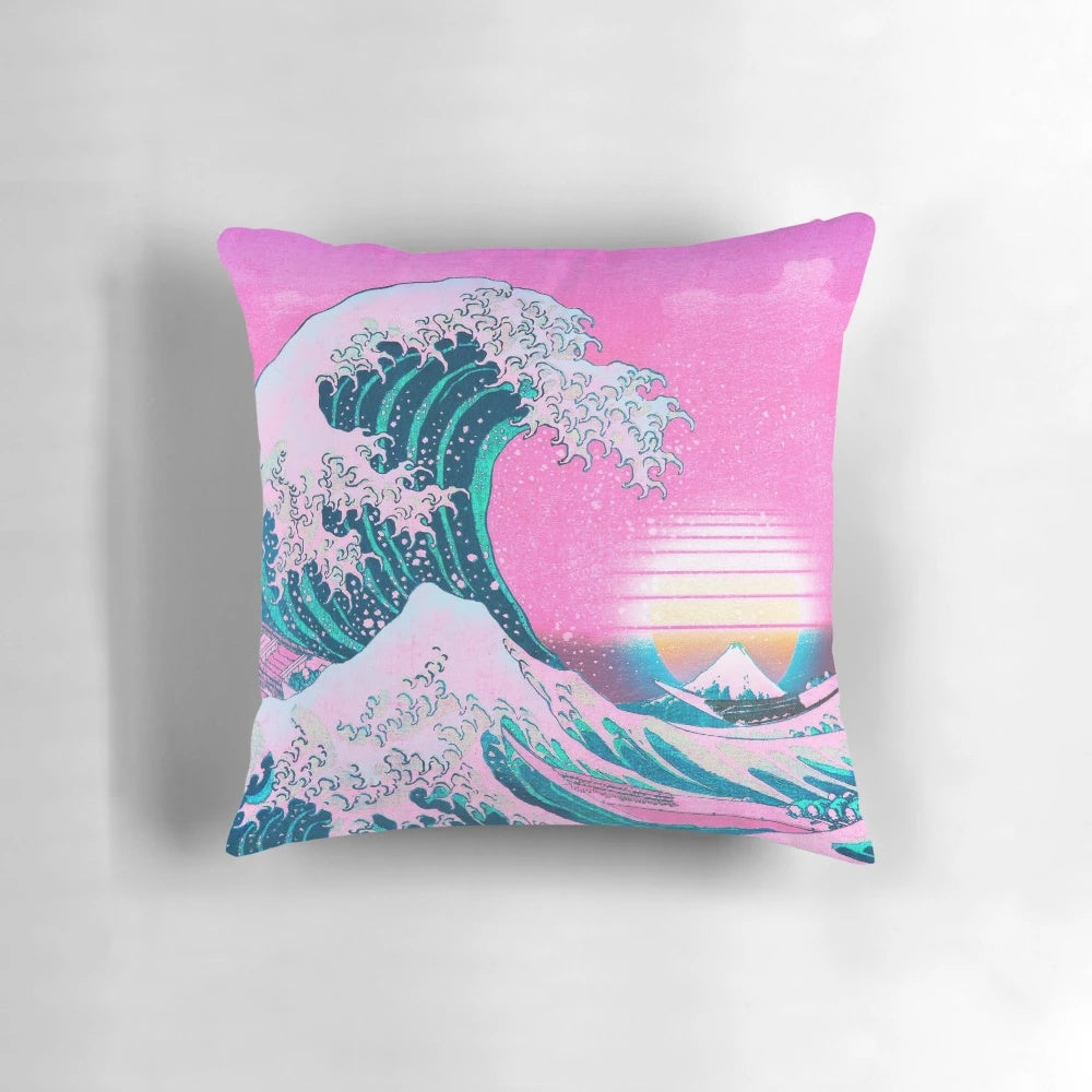 Vaporwave aesthetic Great Wave off Kanagawa retro sunset pillow
