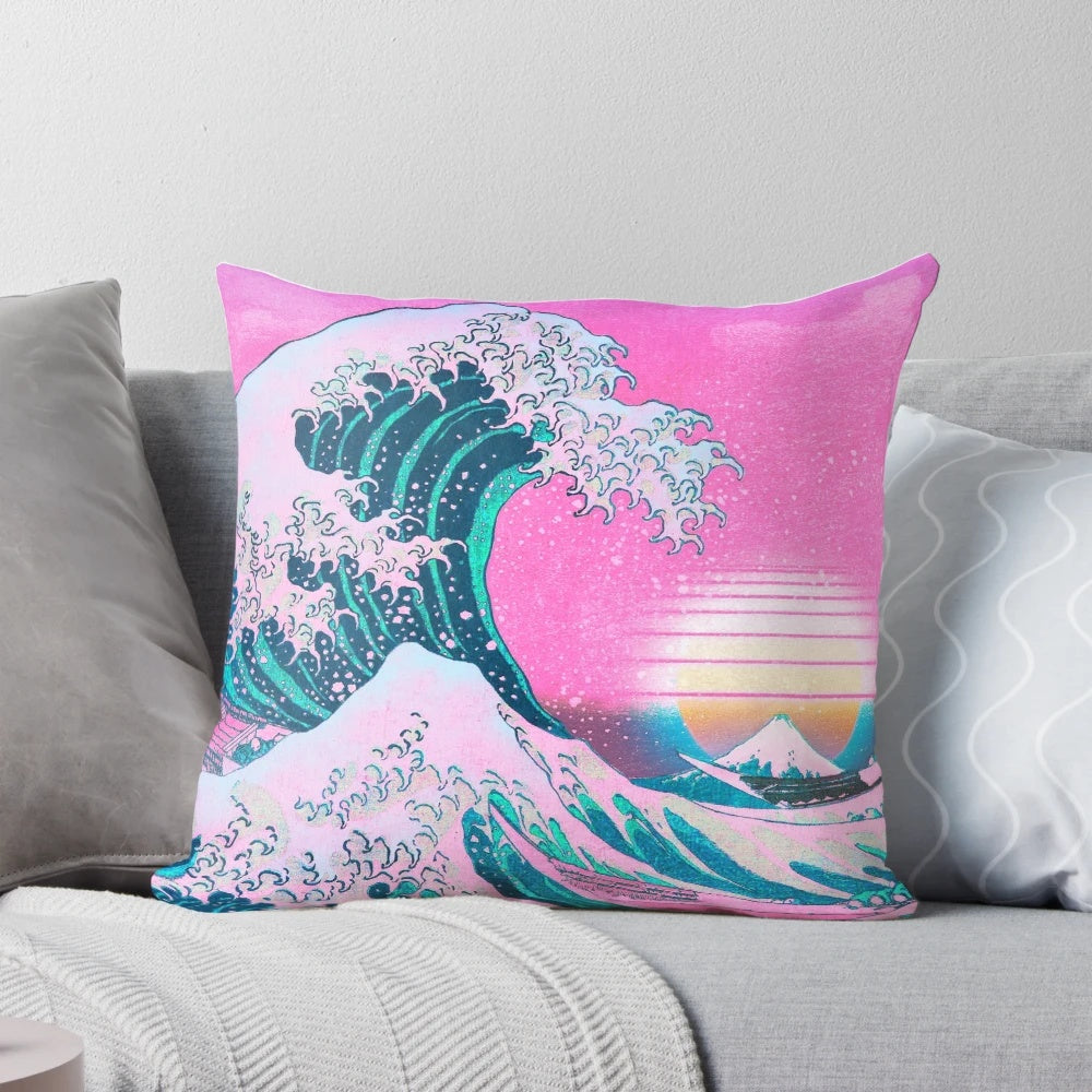 Vaporwave aesthetic Great Wave off Kanagawa retro sunset pillow