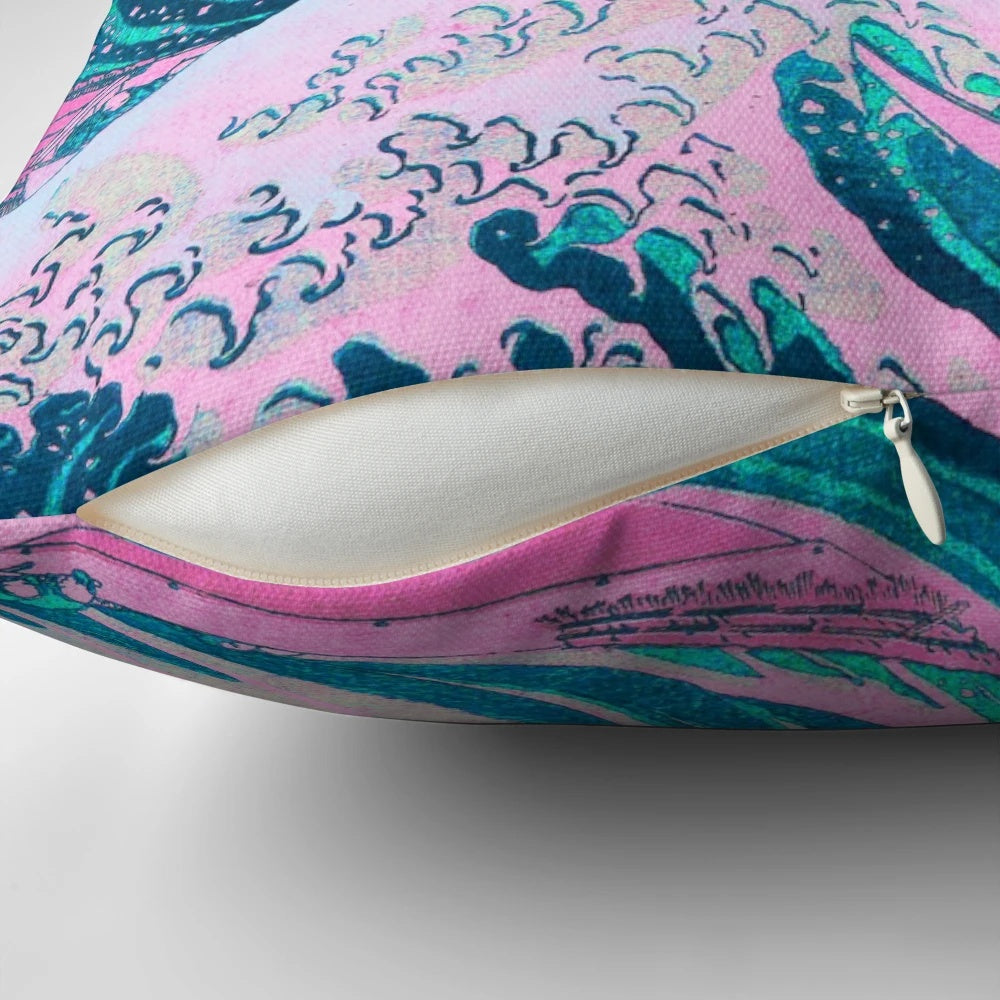 Vaporwave aesthetic Great Wave off Kanagawa retro sunset pillow