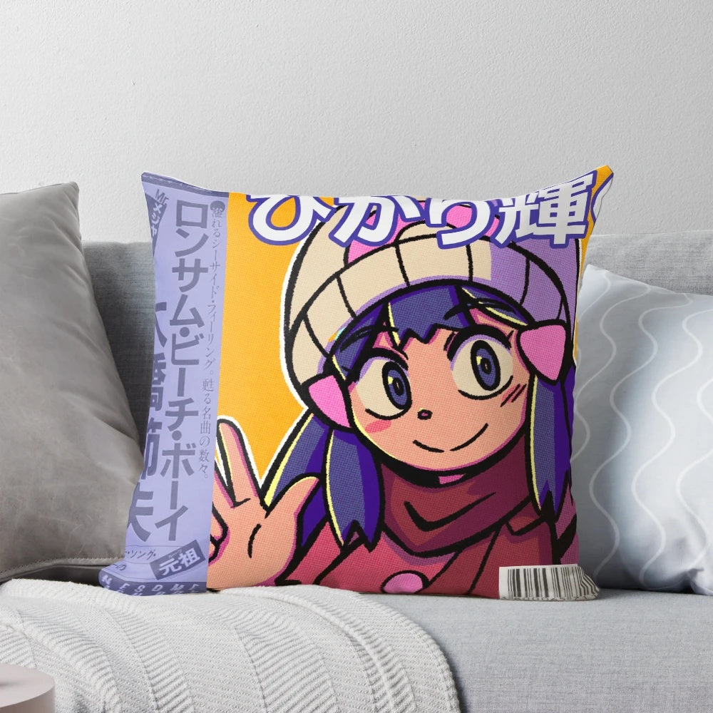 Vaporwave anime aesthetic pillow featuring a design inspired by classic video games and citypop culture.