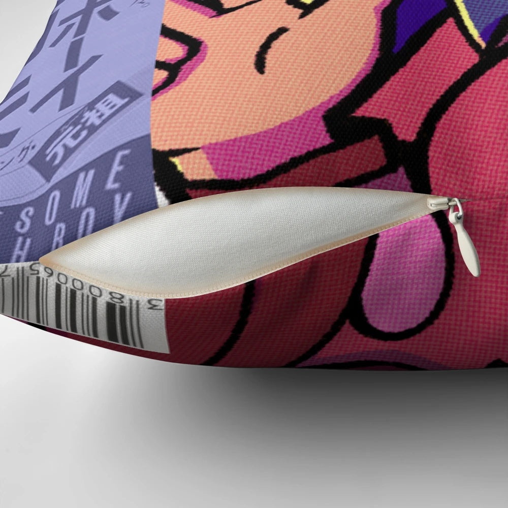 Vaporwave anime aesthetic pillow featuring a design inspired by classic video games and citypop culture.