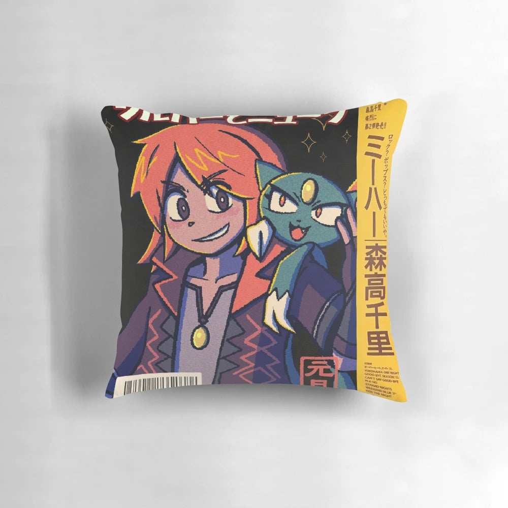 Vaporwave anime aesthetic pillow featuring a silver sneasle sygna suit character