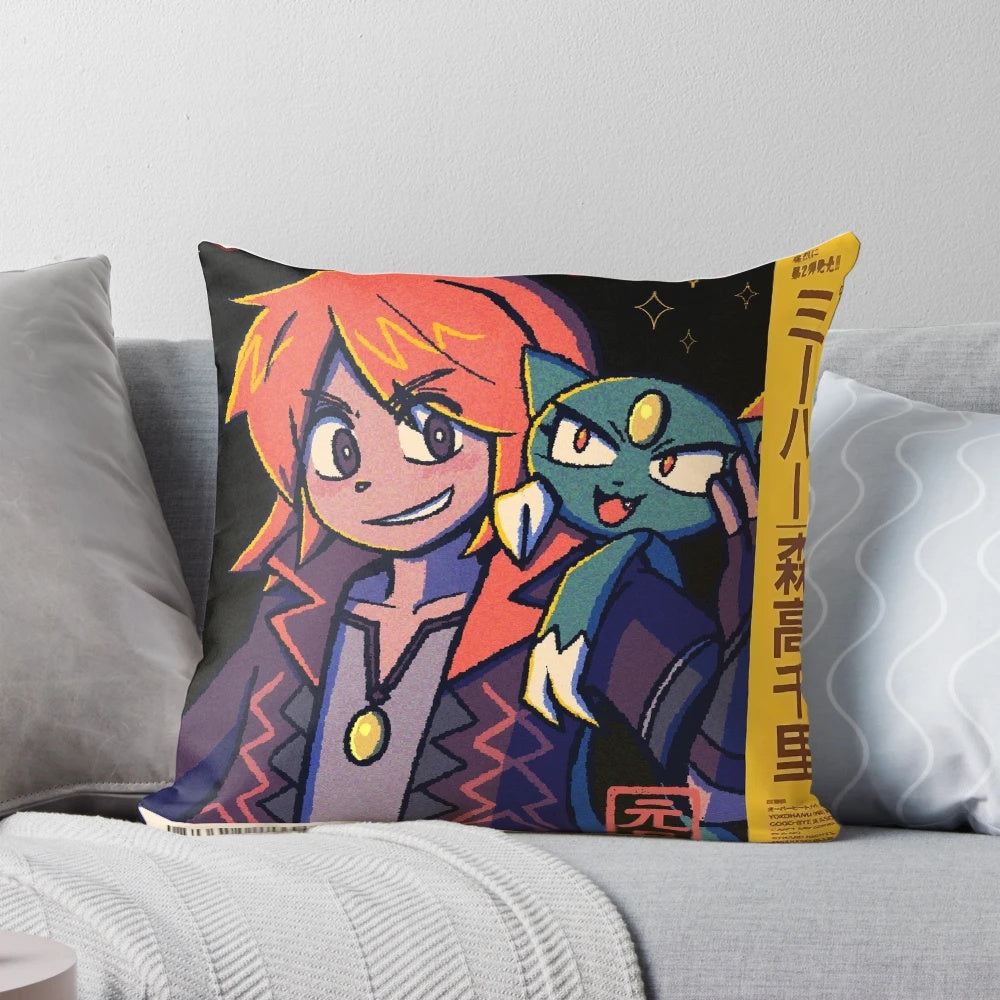 Vaporwave anime aesthetic pillow featuring a silver sneasle sygna suit character