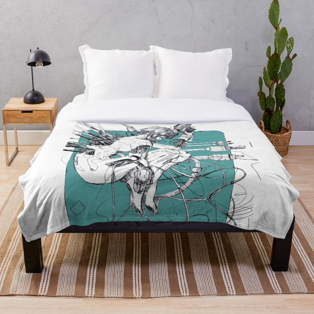 Vaporwave Cyberpunk Plush Blanket featuring a futuristic cyborg girl design