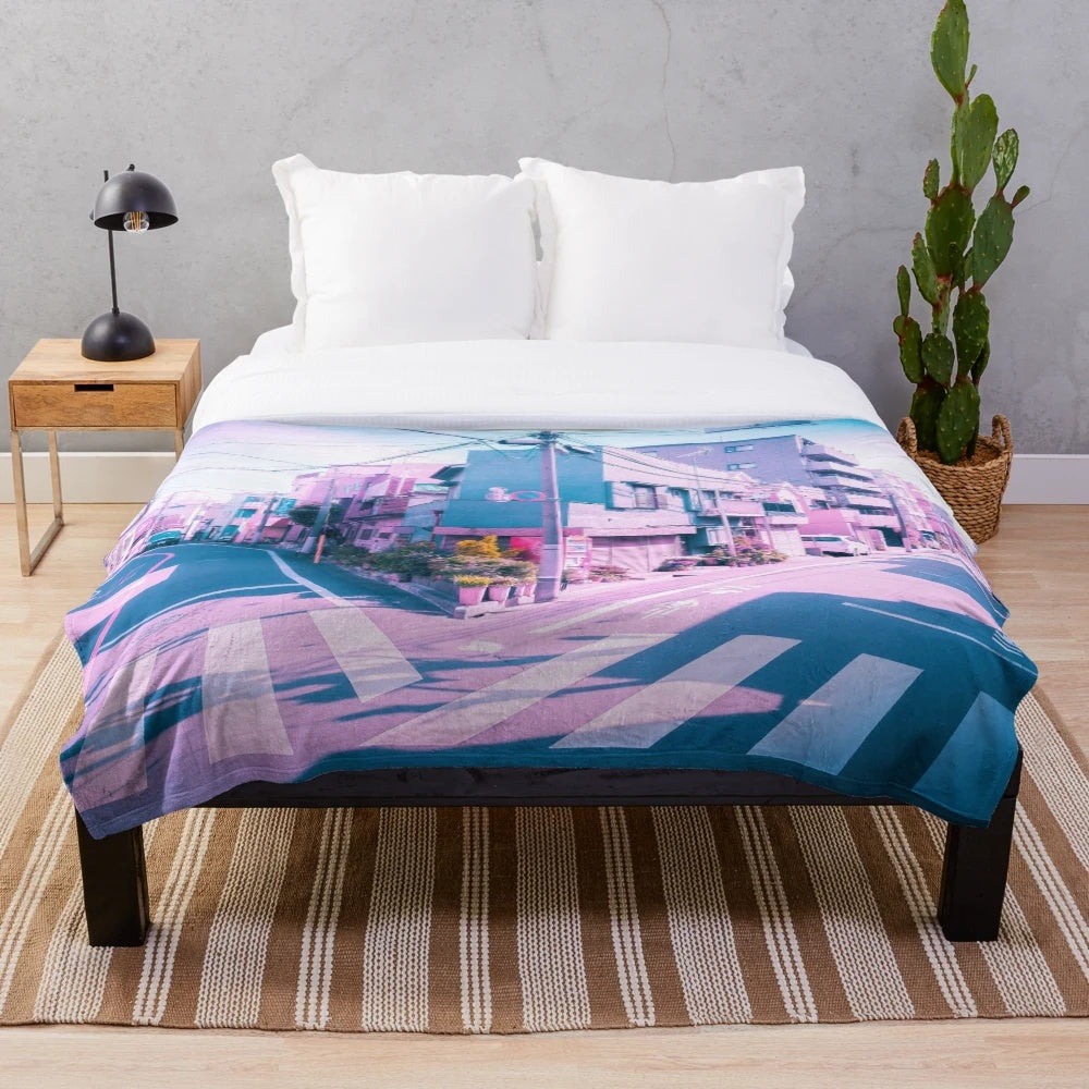 Vaporwave-inspired plush blanket featuring an anime-style illustration of a Tokyo residential area