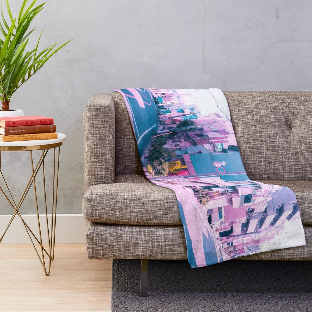 Vaporwave-inspired plush blanket featuring an anime-style illustration of a Tokyo residential area