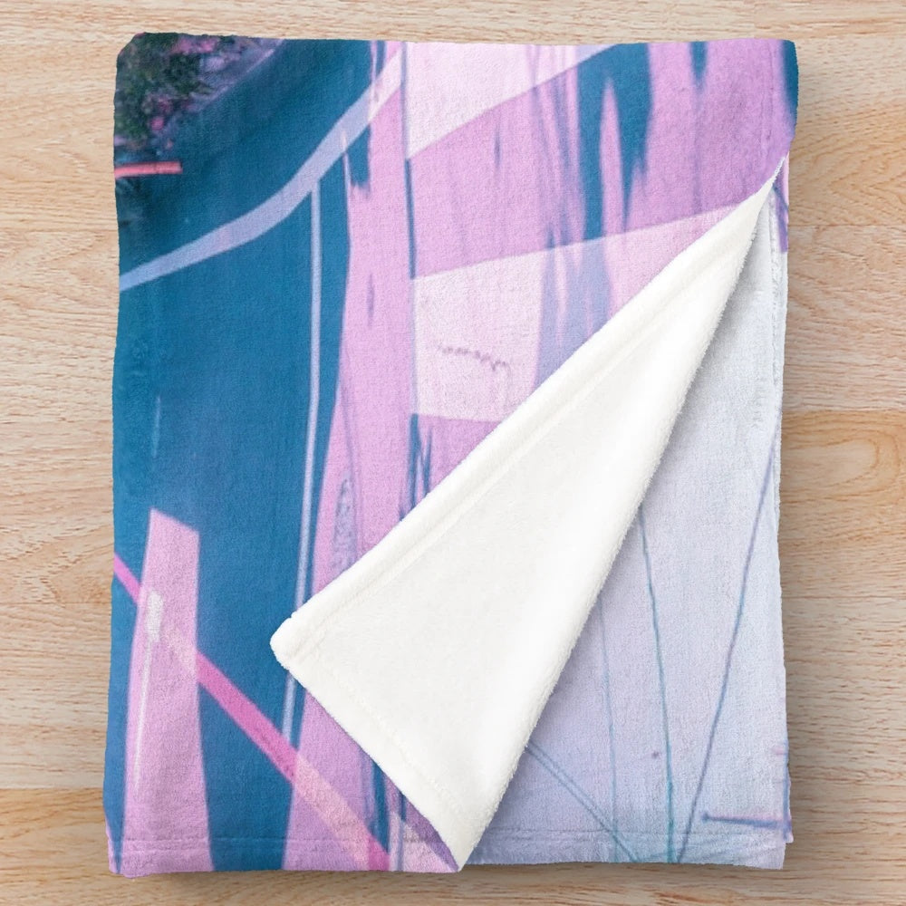 Vaporwave-inspired plush blanket featuring an anime-style illustration of a Tokyo residential area