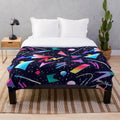 Vaporwave-inspired plush blanket with dark, glitchy graphics