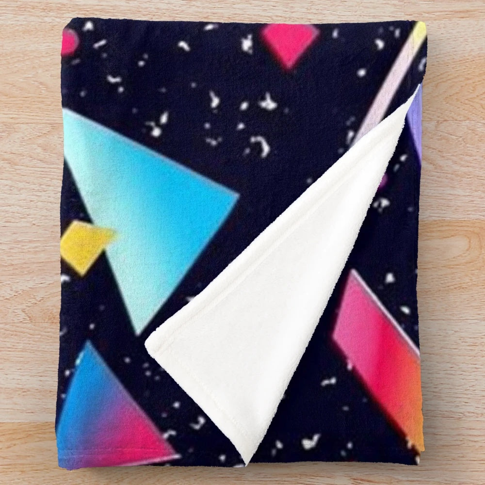 Vaporwave-inspired plush blanket with dark, glitchy graphics