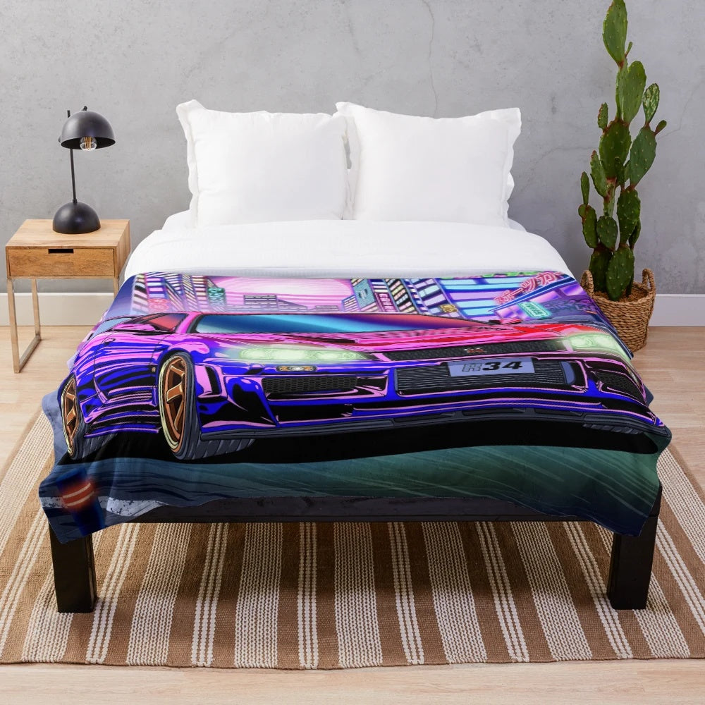 Nissan Skyline GT-R R34 vaporwave plush blanket